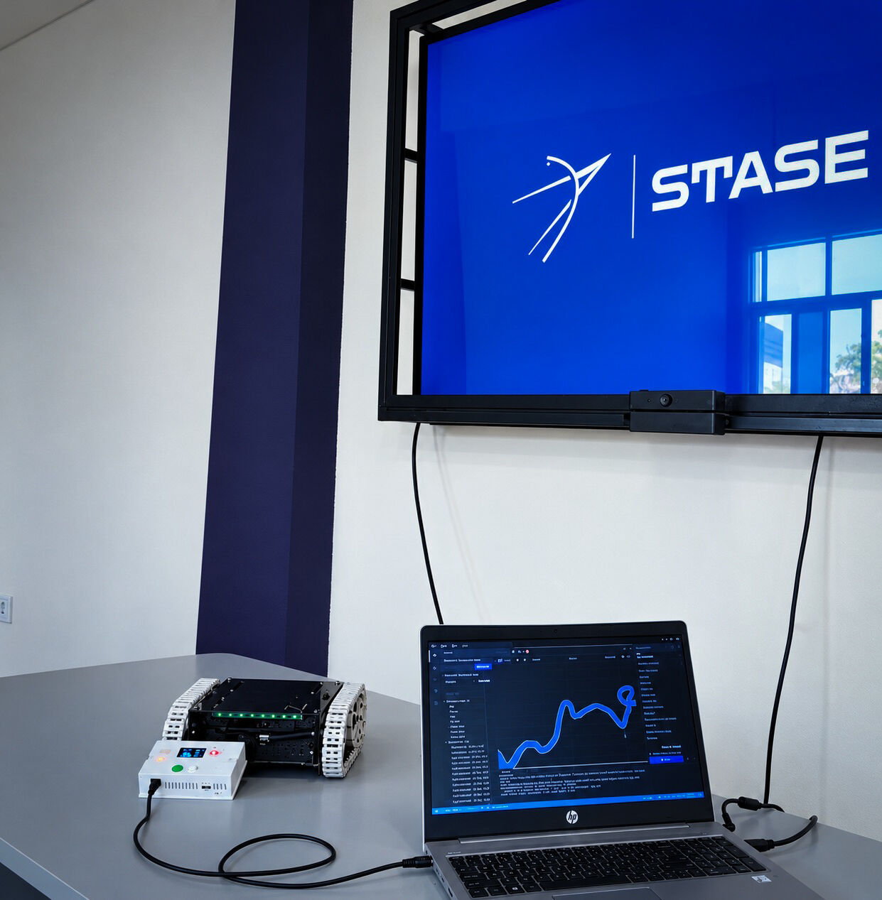 The Stase lab bench: COURTNEY tracked vehicle, a VitaPulse unit, and a laptop running NsuGuard